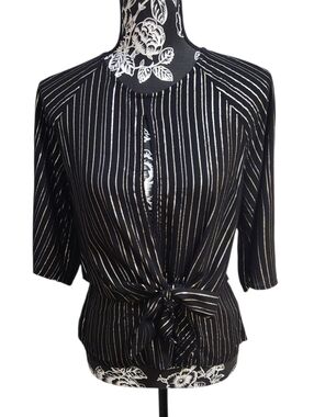 Express Black & Metallic Gold Pinstripe Tie-Front Blouse - Office/Evening